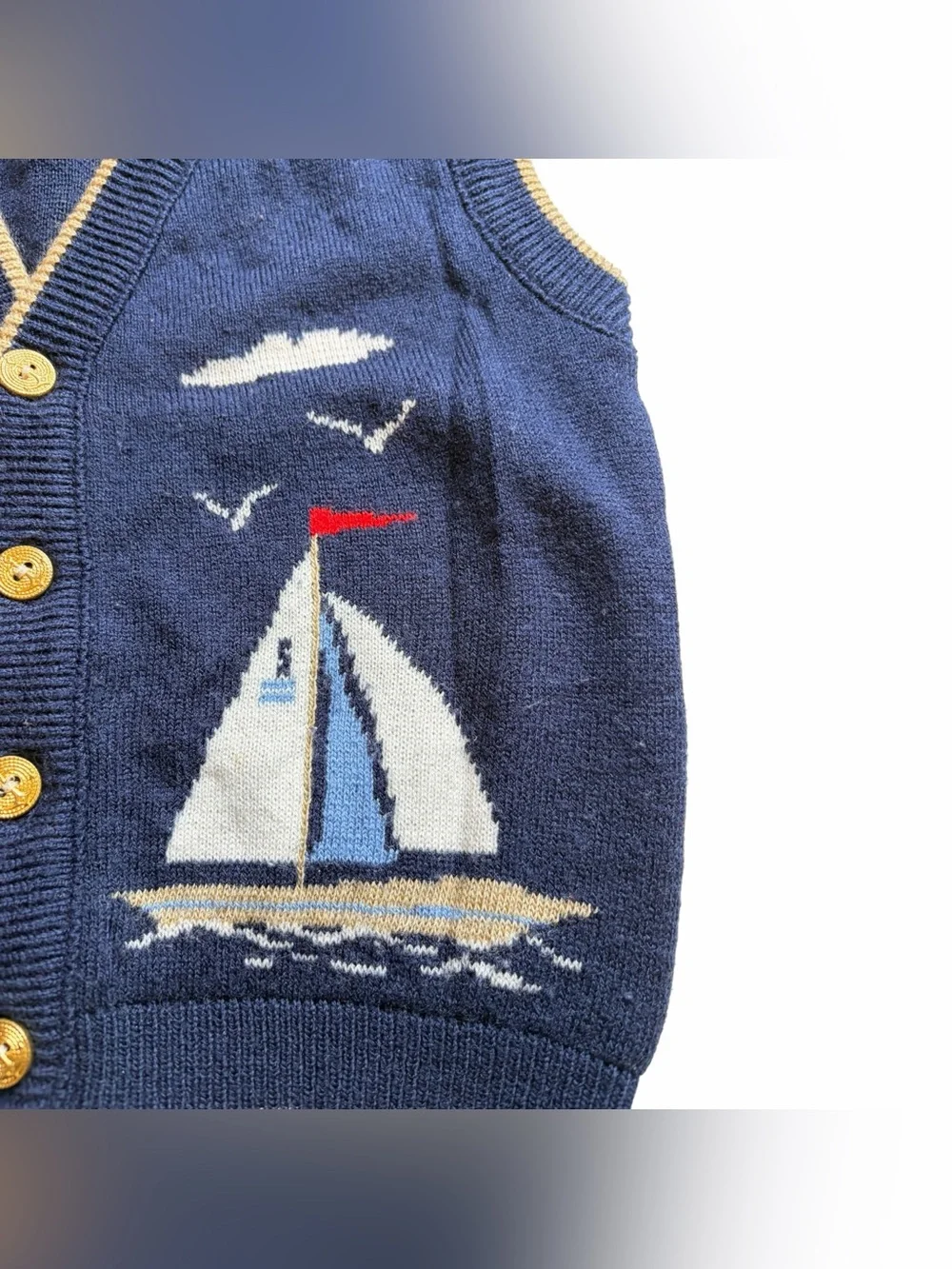 Vintage 4T Toddler Boy Knit V-Neck Vest Blue Coastal Nautical Lighthouse